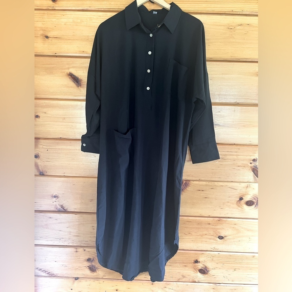 Women's Casual Plain Midi Shirt Dress Button Pocket